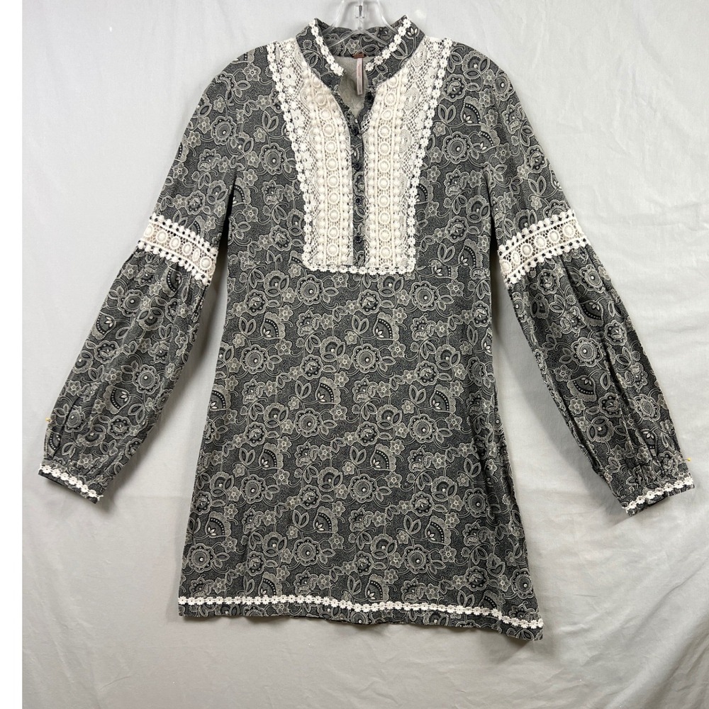 Free People Tunic Dress Womens 8 Grey Paisley Crochet Lace Boho Long Sleeve